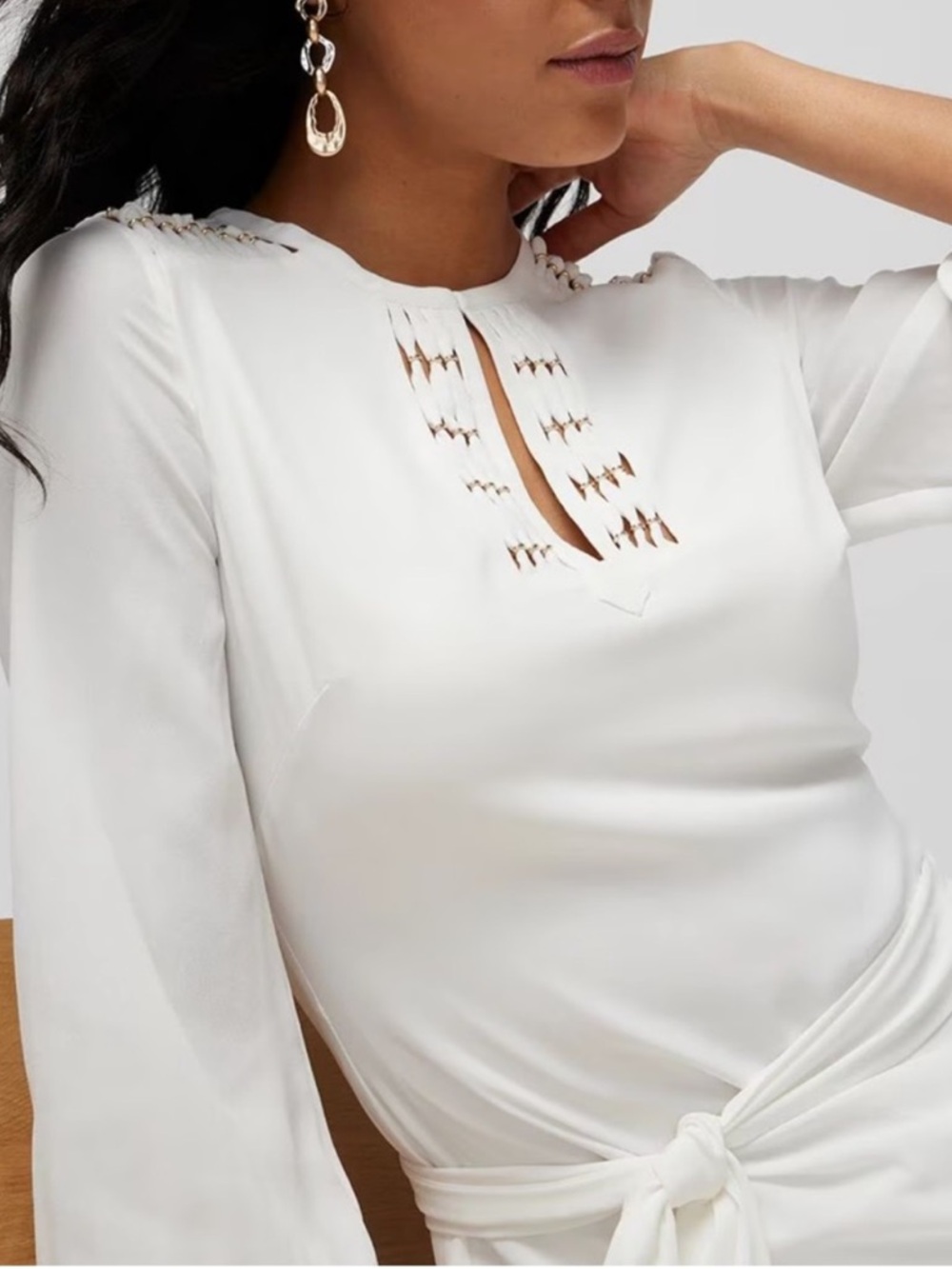 White House Black Market Beaded Godet Dress White Long Sleeve Size 18 NWT - Picture 4 of 13